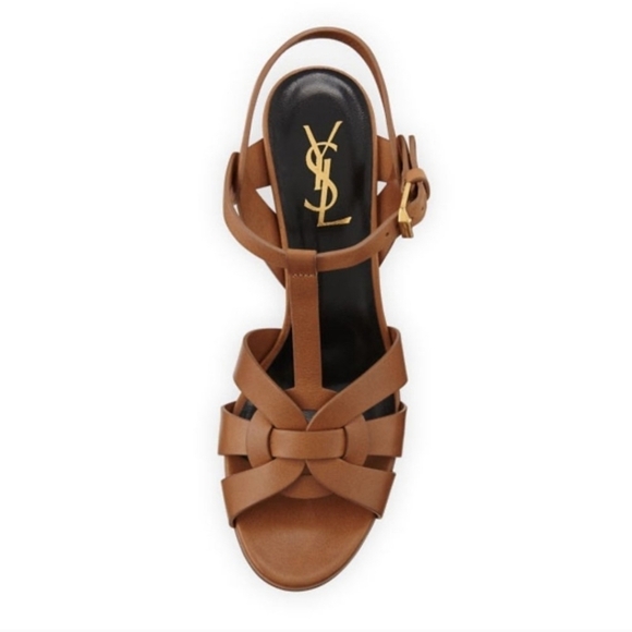 YSL Saint Laurent Brown Leather Tribute T-Strap Platform Stiletto Heels Size 7 - Picture 2 of 13